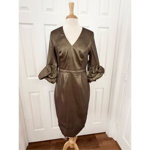 Posh Couture Baciami Metallic V-Neck Puff Sleeve Cocktail Dress Large NWT